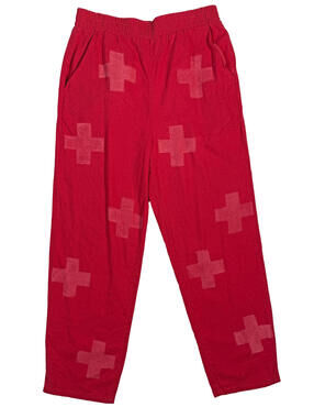 One of a Kind Upcycled Red Linen Pants with hand stamped cross print - Size M